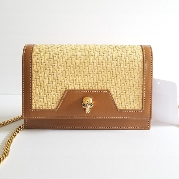 Alexander McQueen Handbags - Alexander McQueen Raffia Skull Crossbody Bag Natural Camel
